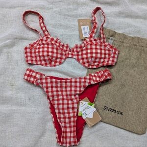 Berlook / new with tags / Small Medium Large  / Red Textured Plaid Bikini set